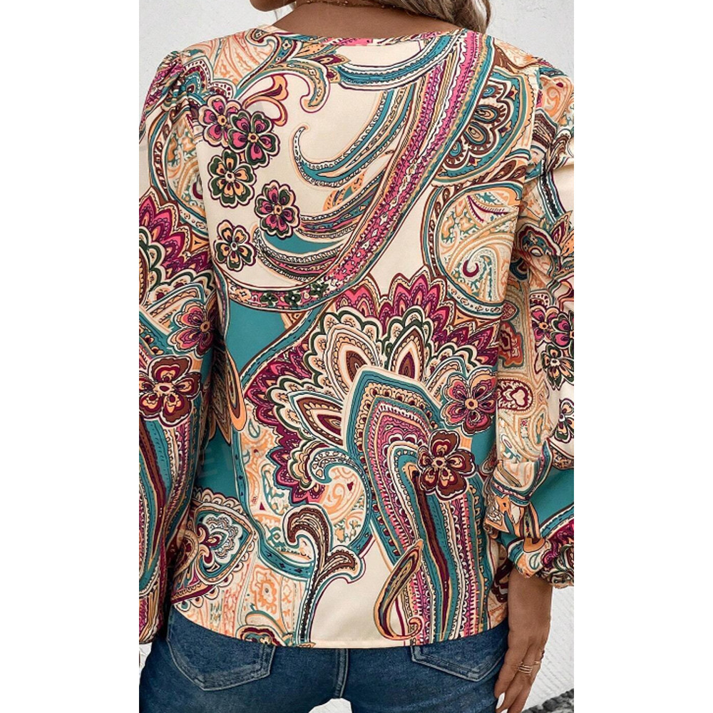 Paisley Print V Neck Blouse Boho Long Lantern Sleeve NWT - Picture 2 of 4